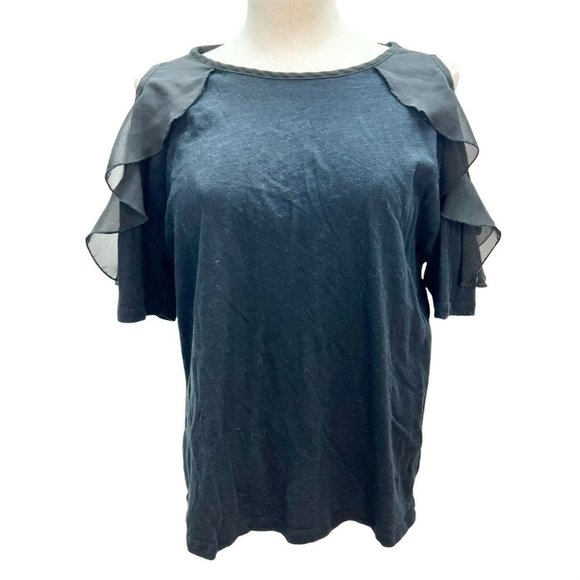 Forever 21 Women's Medium Black Cold Shoulder Short Sleeve T-Shirt Chiffon Trim - Picture 1 of 5